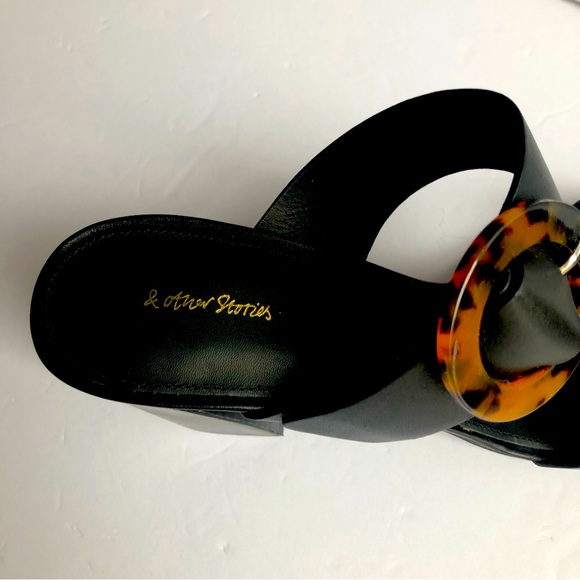 & Other Stories Black Leather 2 Strap Tortoise Buckle Heeled Sandals Made Spain - Picture 8 of 9